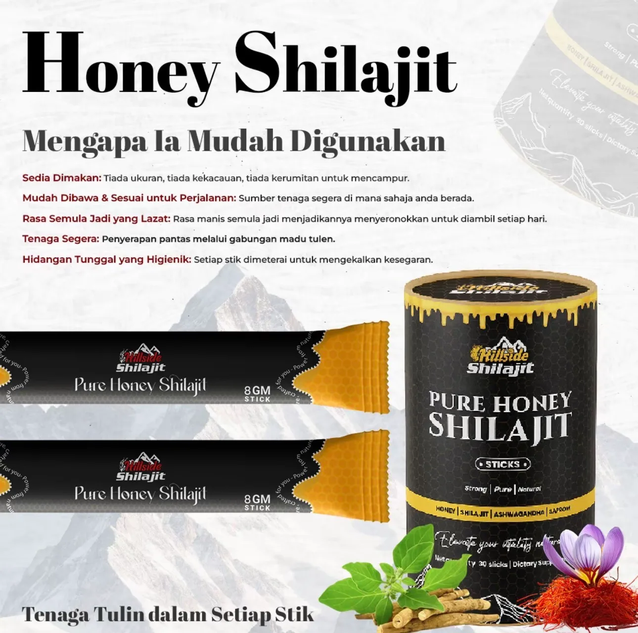 Supplier graphic headed “Mengapa Ia Mudah Digunakan” — why it is easy to use — showing two 8-gram sticks beside the tub, with five lines about taking it