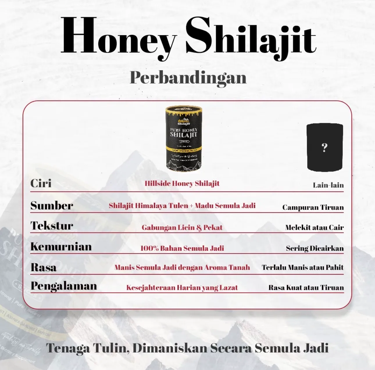 Supplier comparison table setting Hillside Honey Shilajit against other products across source, texture, purity, taste and experience