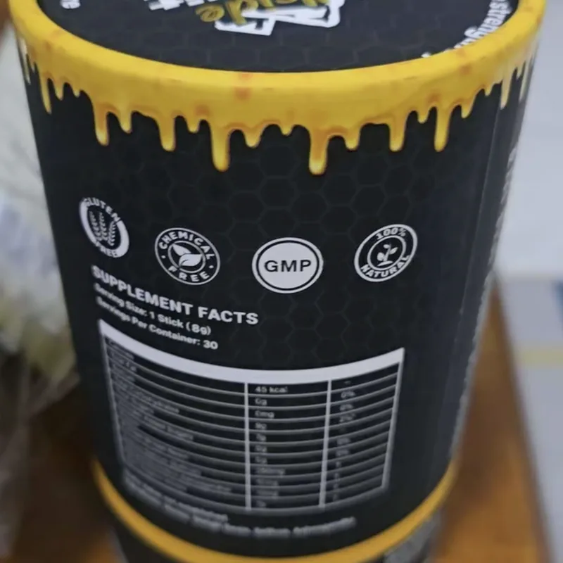 Buyer's photo — the Supplement Facts panel printed on the tub, with the gluten-free and GMP marks above it