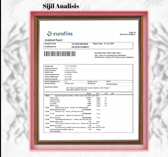 Framed Eurofins Certificate of Analysis, analytical report AR-25-R2-014488-01 dated 31 July 2025, issued to Hillside Wellness Sdn. Bhd.