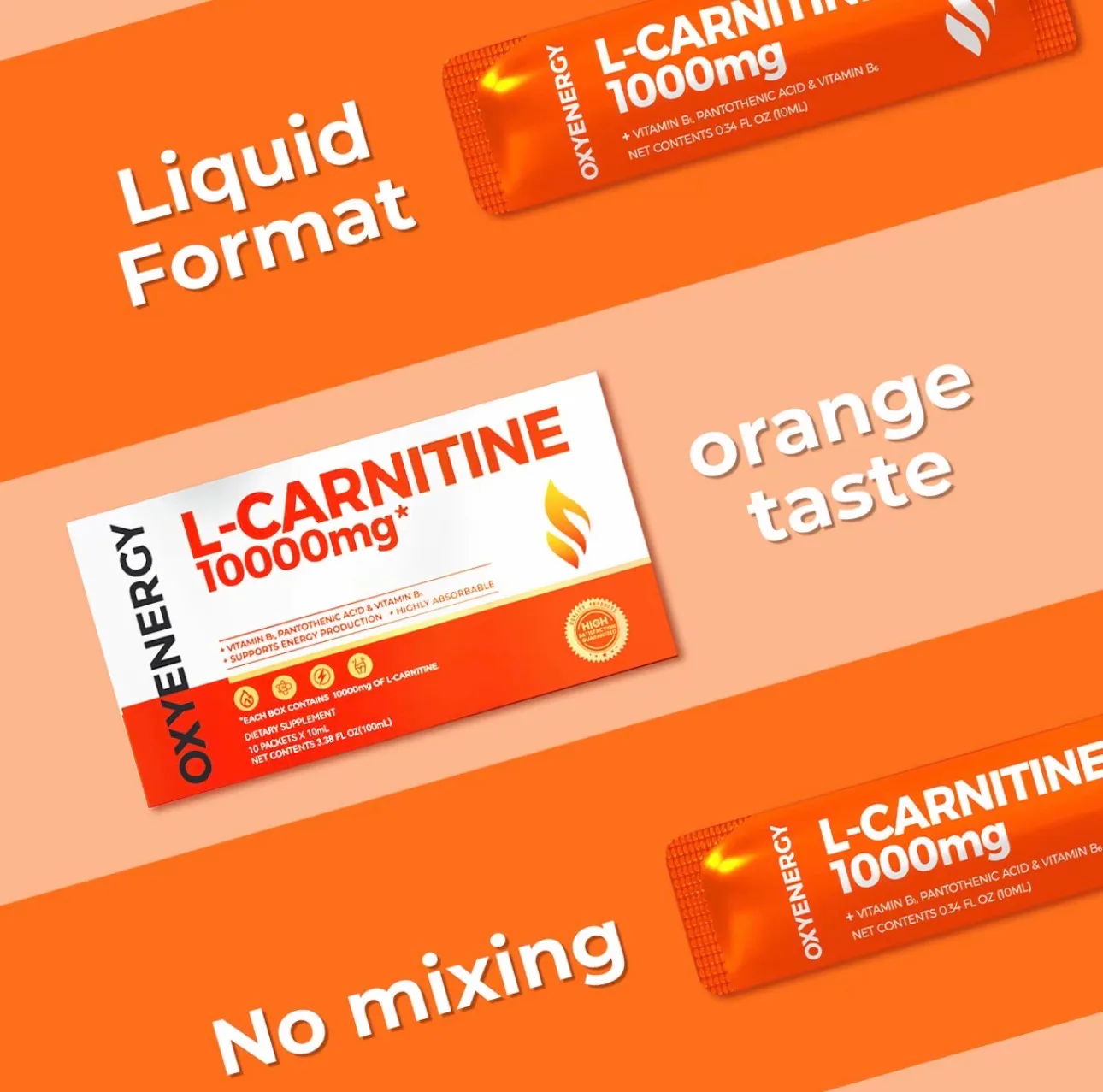 Supplier graphic showing the box and two sachets on an orange ground, with three lines: Liquid Format, orange taste, No mixing