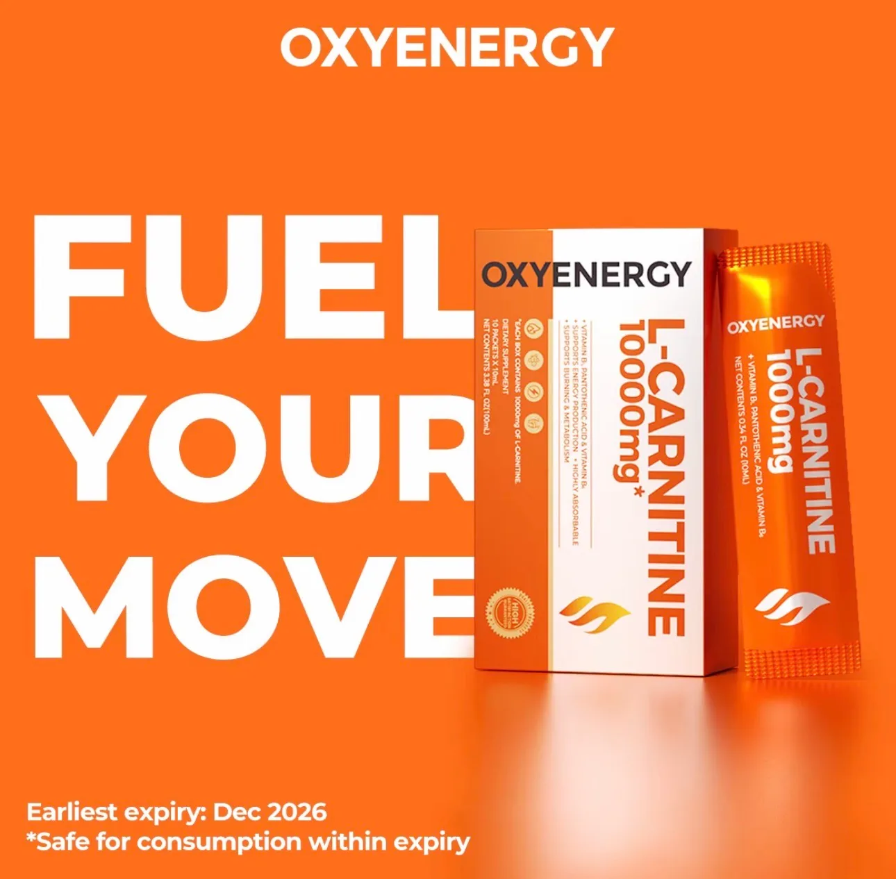 Supplier graphic “FUEL YOUR MOVE” — the box and a sachet on an orange ground, with a line beneath reading earliest expiry December 2026