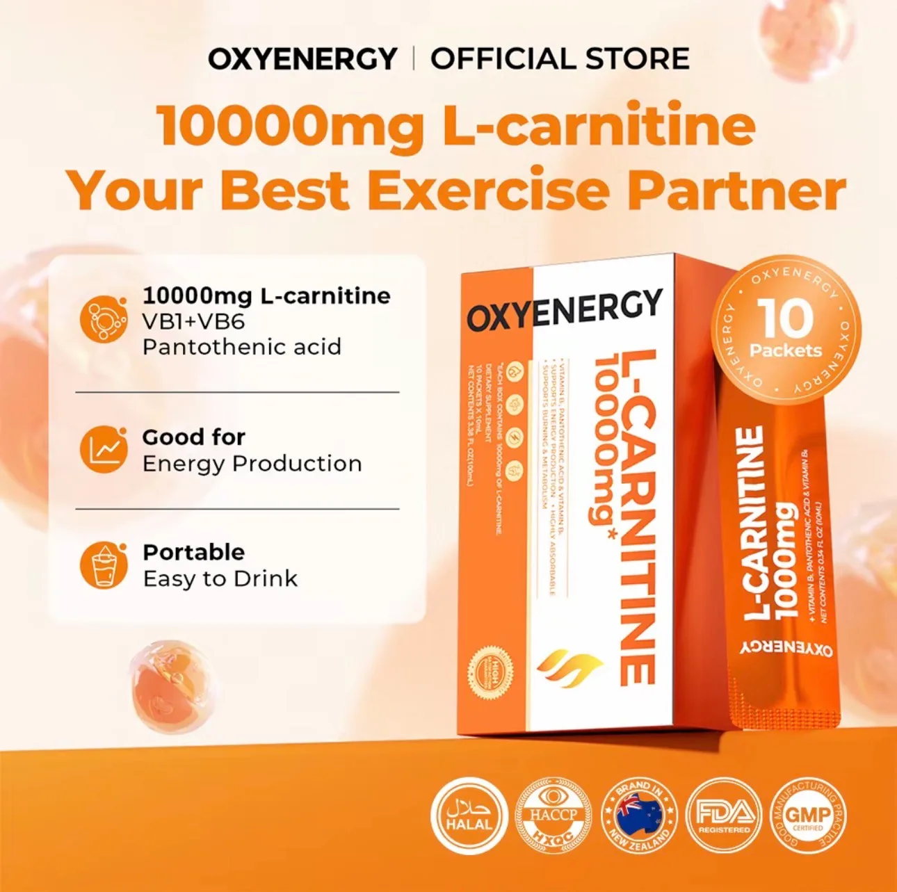 OXYENERGY L-Carnitine 10000mg box with a single orange sachet beside it