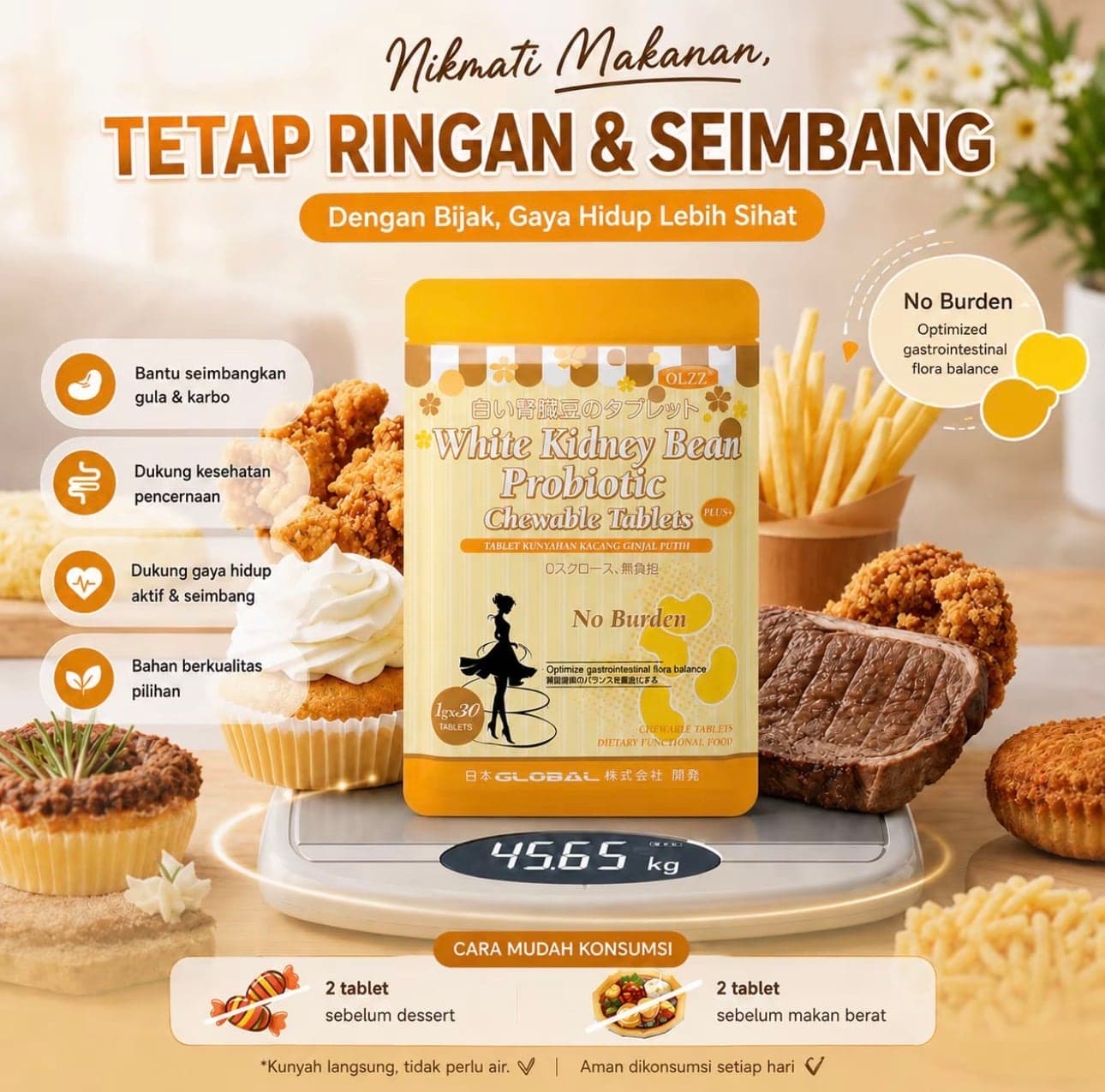 Supplier graphic: the pouch standing on a kitchen scale, surrounded by cakes, fried food and steak, under the heading “Nikmati Makanan, Tetap Ringan & Seimbang”