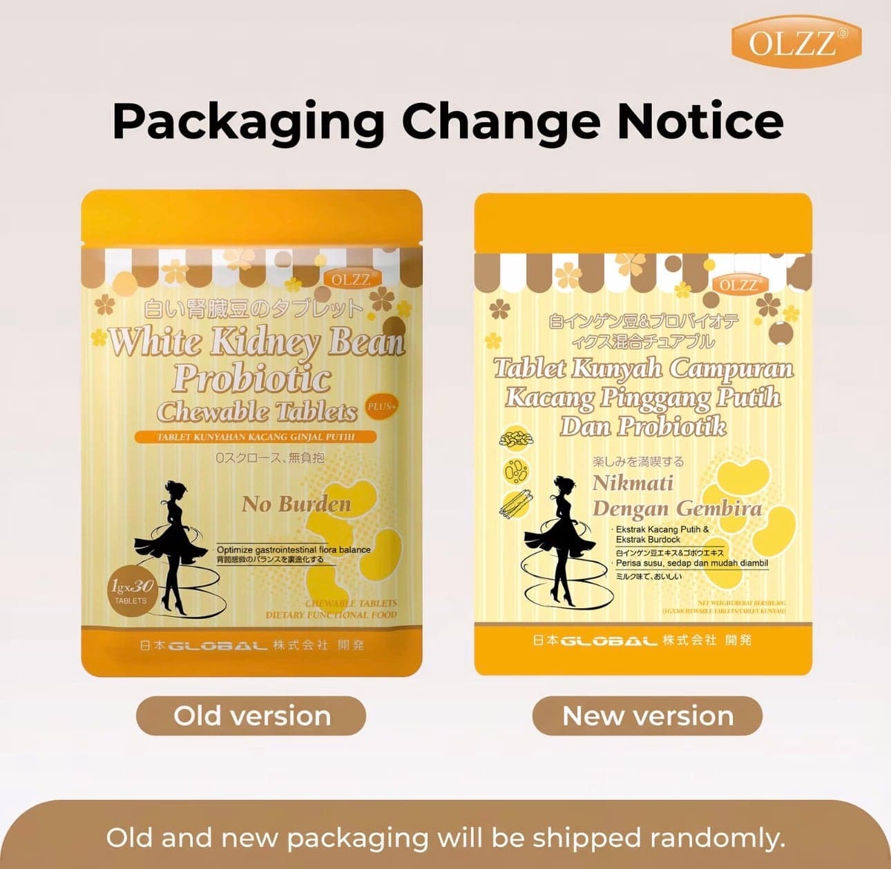 Supplier notice showing the old and new pouch designs side by side, with a line saying old and new packaging are shipped at random