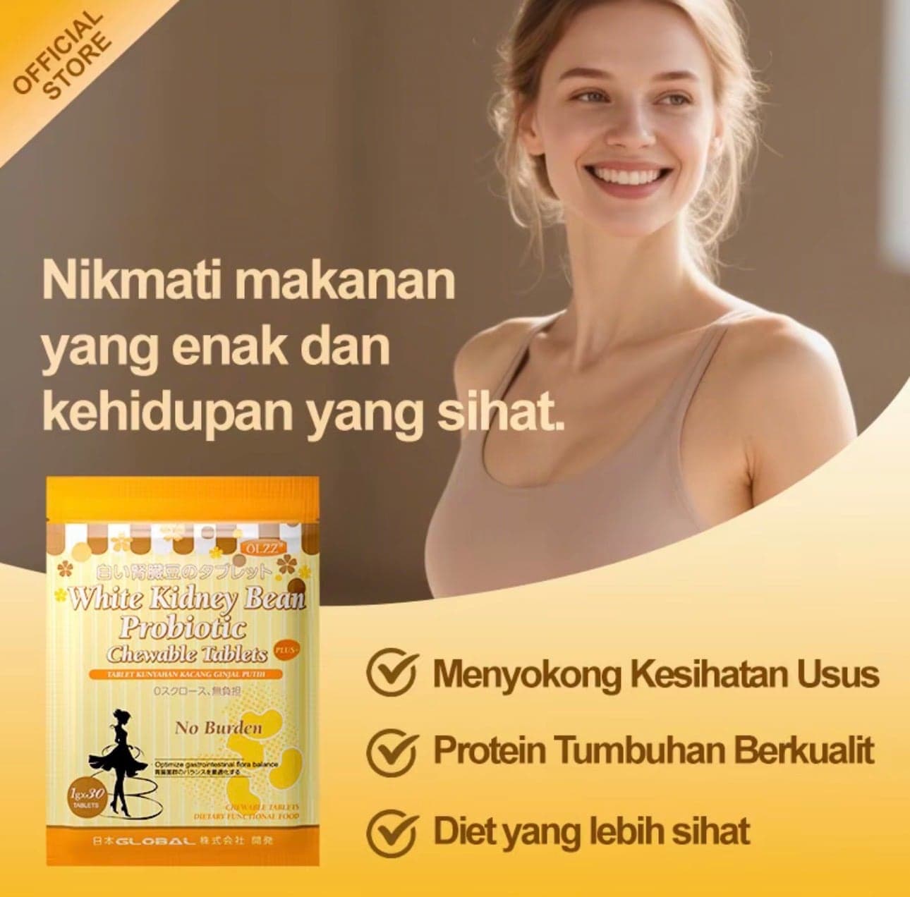 Supplier graphic: a smiling model beside the pouch, with three lines about gut health, plant protein and a healthier diet