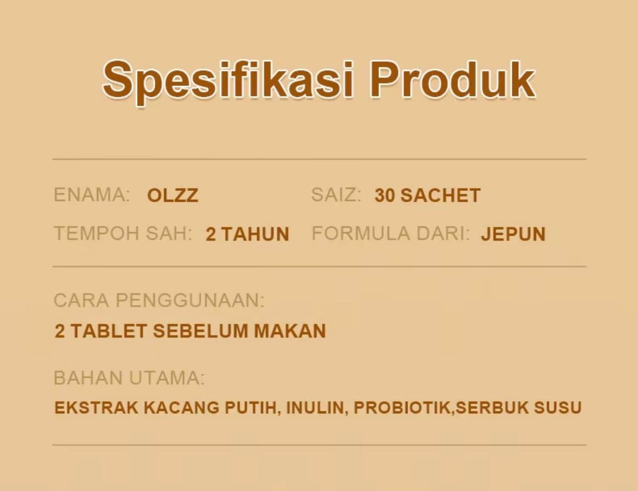 Supplier specification card listing the brand, pack size, shelf life, directions and main ingredients