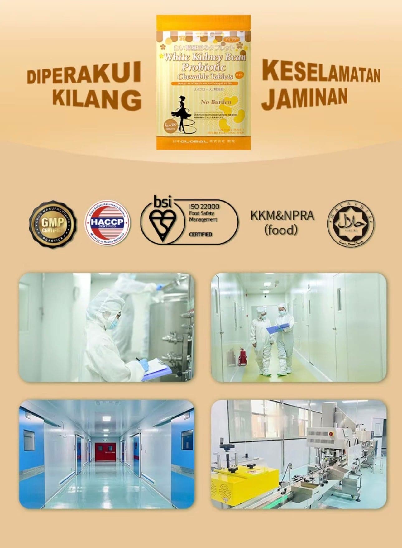 Supplier graphic headed “Diperakui Kilang, Keselamatan Jaminan”, showing certification logos above four photographs of a production facility