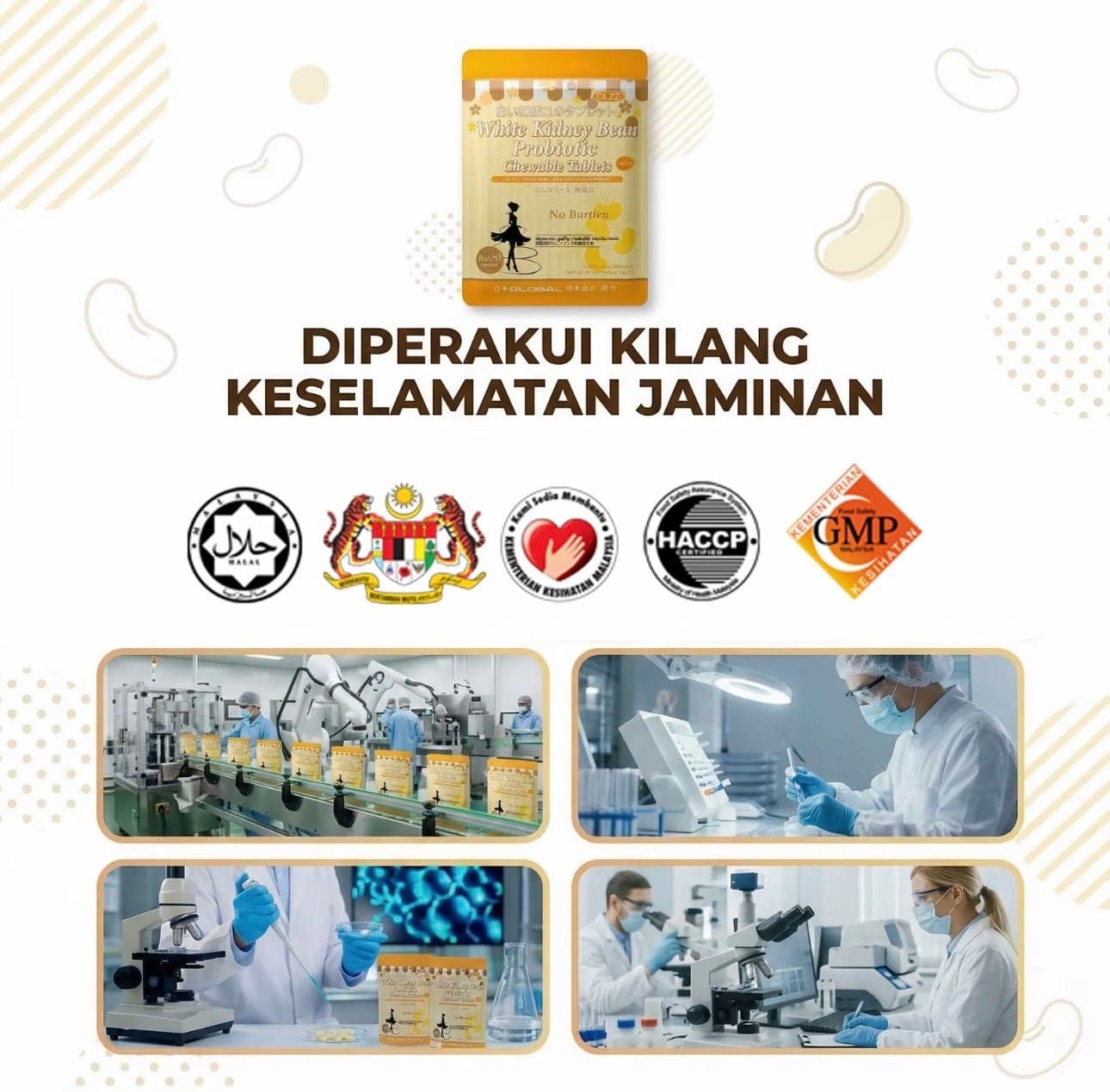 Supplier graphic with the pouch above a row of certification logos and four photographs of a laboratory and production line