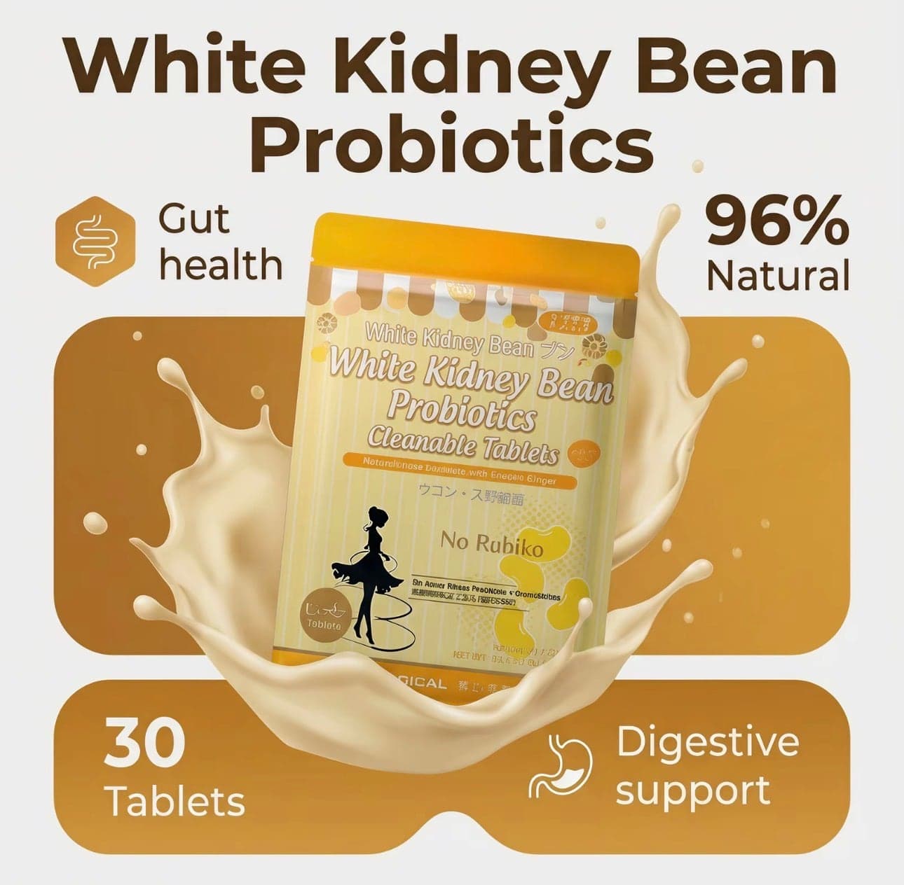 Supplier graphic with a rendered pouch on a milk splash, labelled gut health, 30 tablets and digestive support