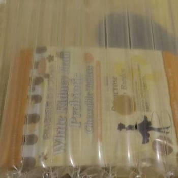 Buyer’s photo of several pouches wrapped in clear plastic, as delivered